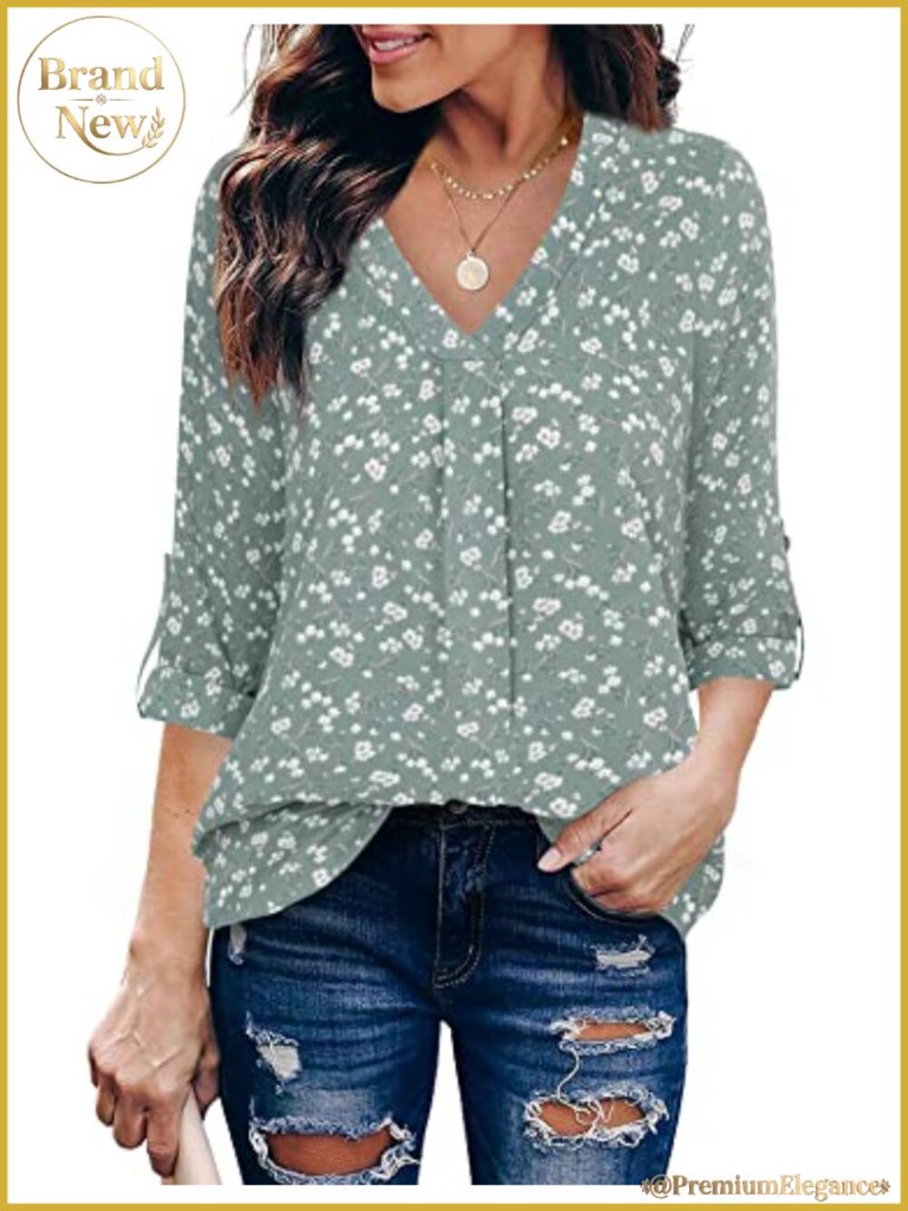Women's 3/4 Sleeve V-Neck Tunic Blouse, Cuffed Sleeve Pleated Front Work Shirt